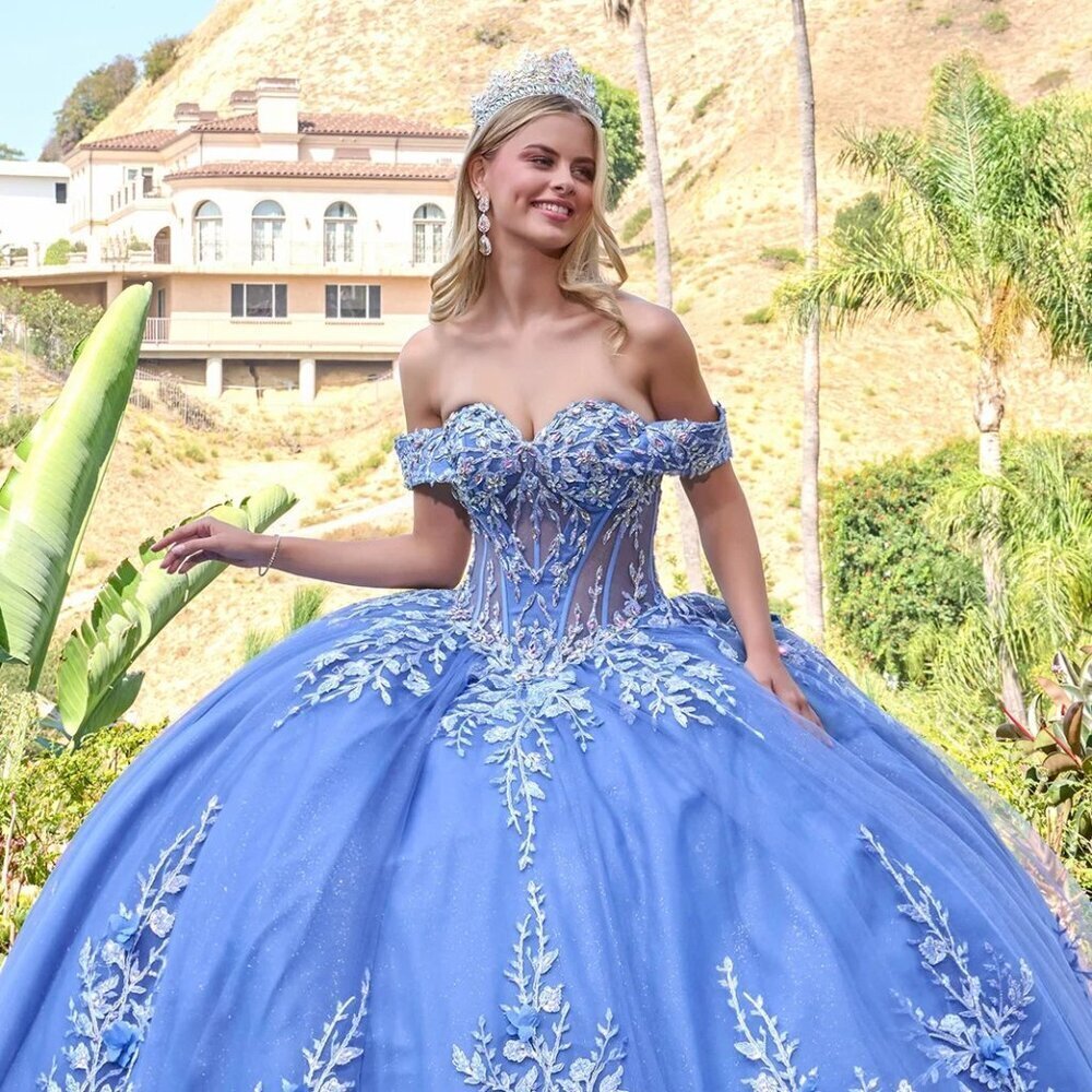 New Dusty Blue Off The Shoulder Quinceanera Tulle Dress w/ Corset Bodice GL3812